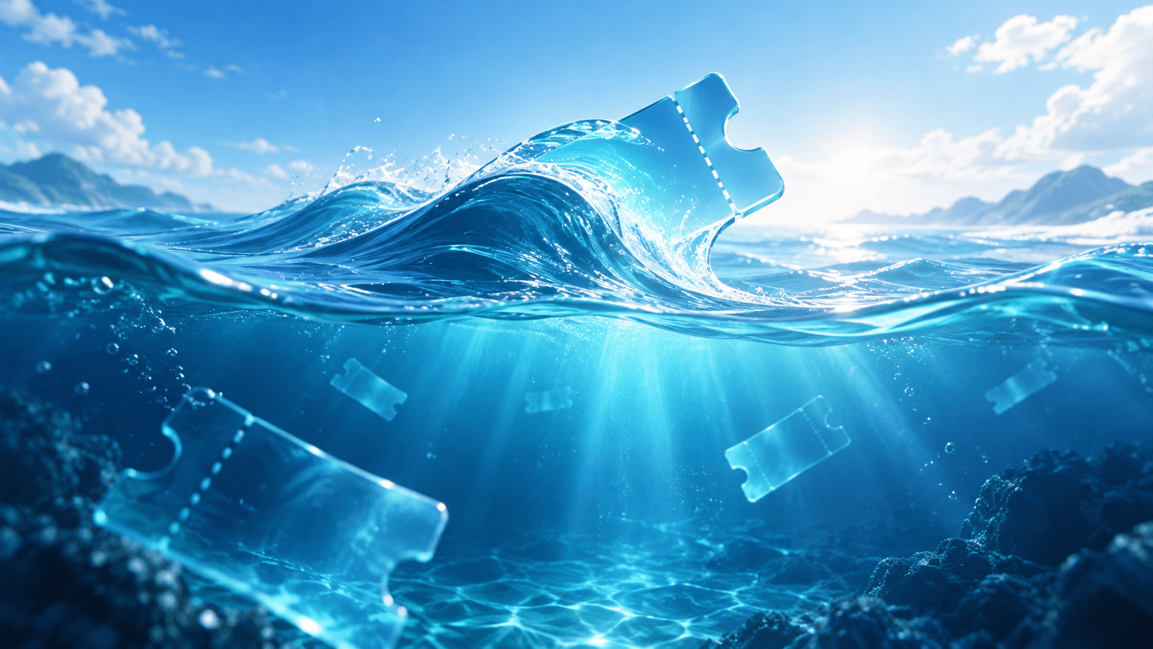 Blue ocean wave carrying translucent event tickets